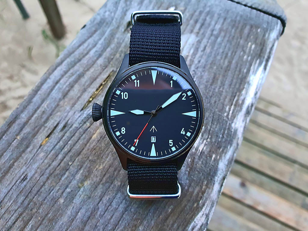Military watch BLACK "WATCH ONE" by "CS hoch2", classic watch, automatic movement, black PVD coated stainless steel case, 10 ATM, sapphire glass, Nato strap - Patch Snatched