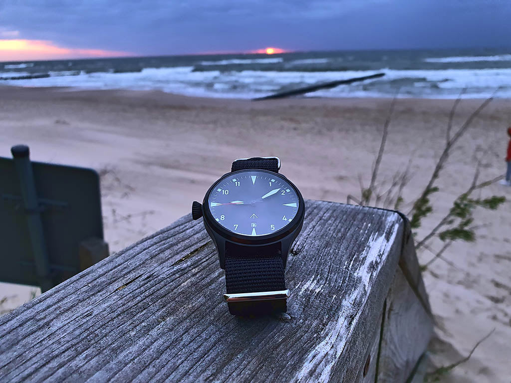 Military watch BLACK "WATCH ONE" by "CS hoch2", classic watch, automatic movement, black PVD coated stainless steel case, 10 ATM, sapphire glass, Nato strap - Patch Snatched