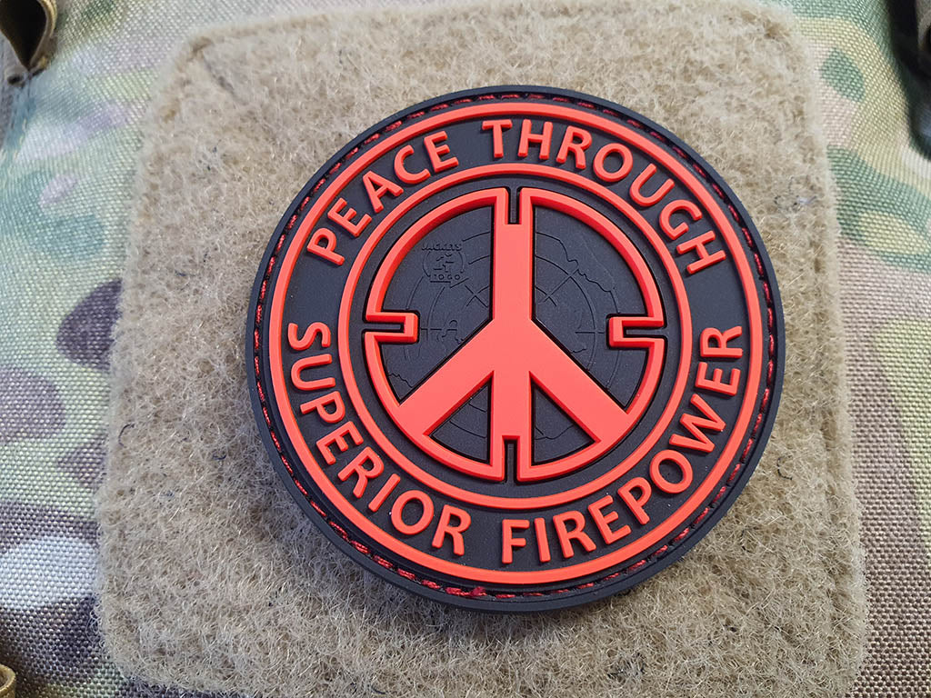 Peace Patch, "PEACE THROUGH SUPERIOR FIREPOWER", fire-red, 3D Rubber Patch - Patch Snatched