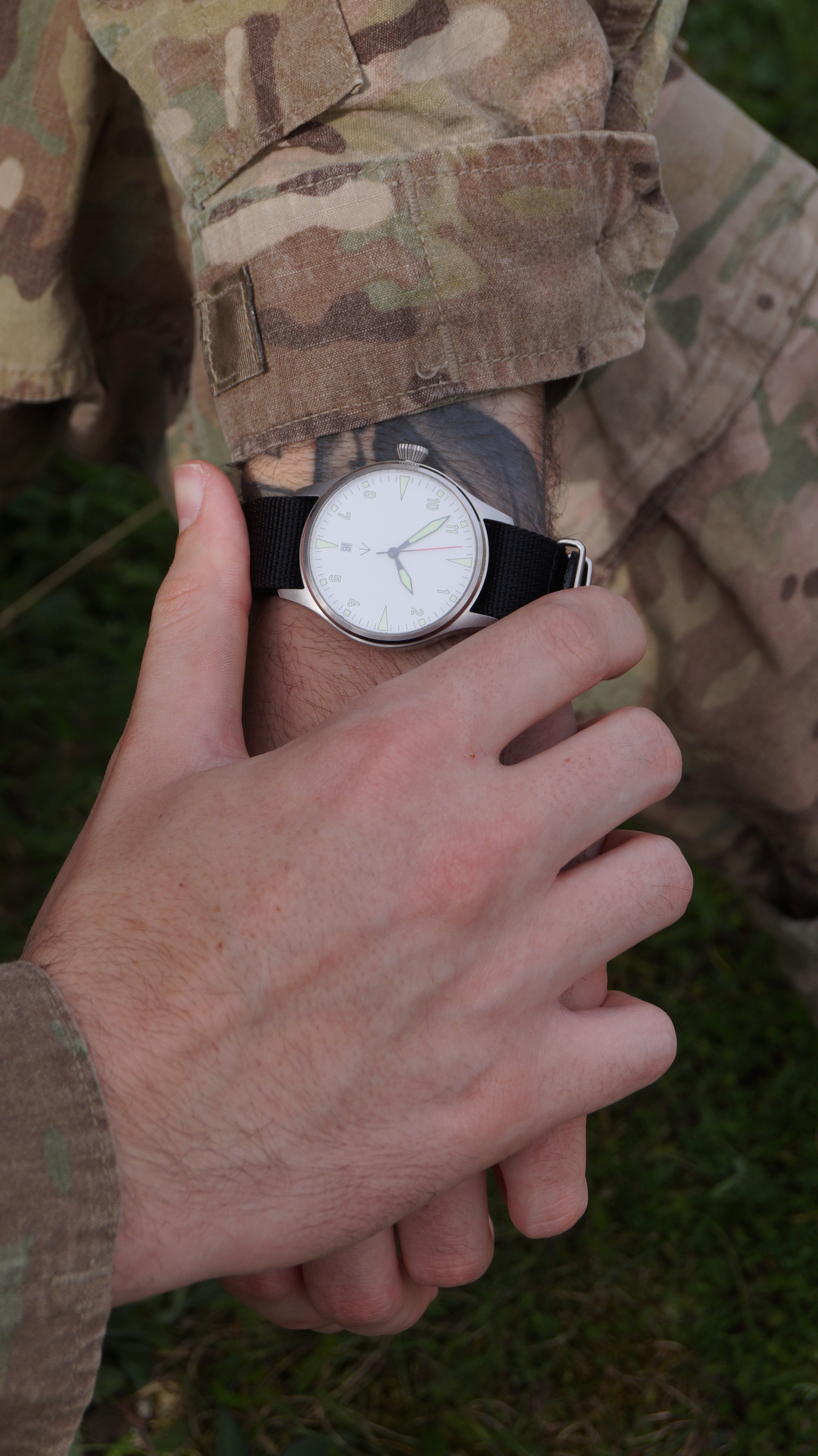 Military watch WHITE "WATCH ONE" by "CS hoch2", classic watch, automatic movement, stainless steel case, 10 ATM, sapphire glass, NATO strap - Patch Snatched