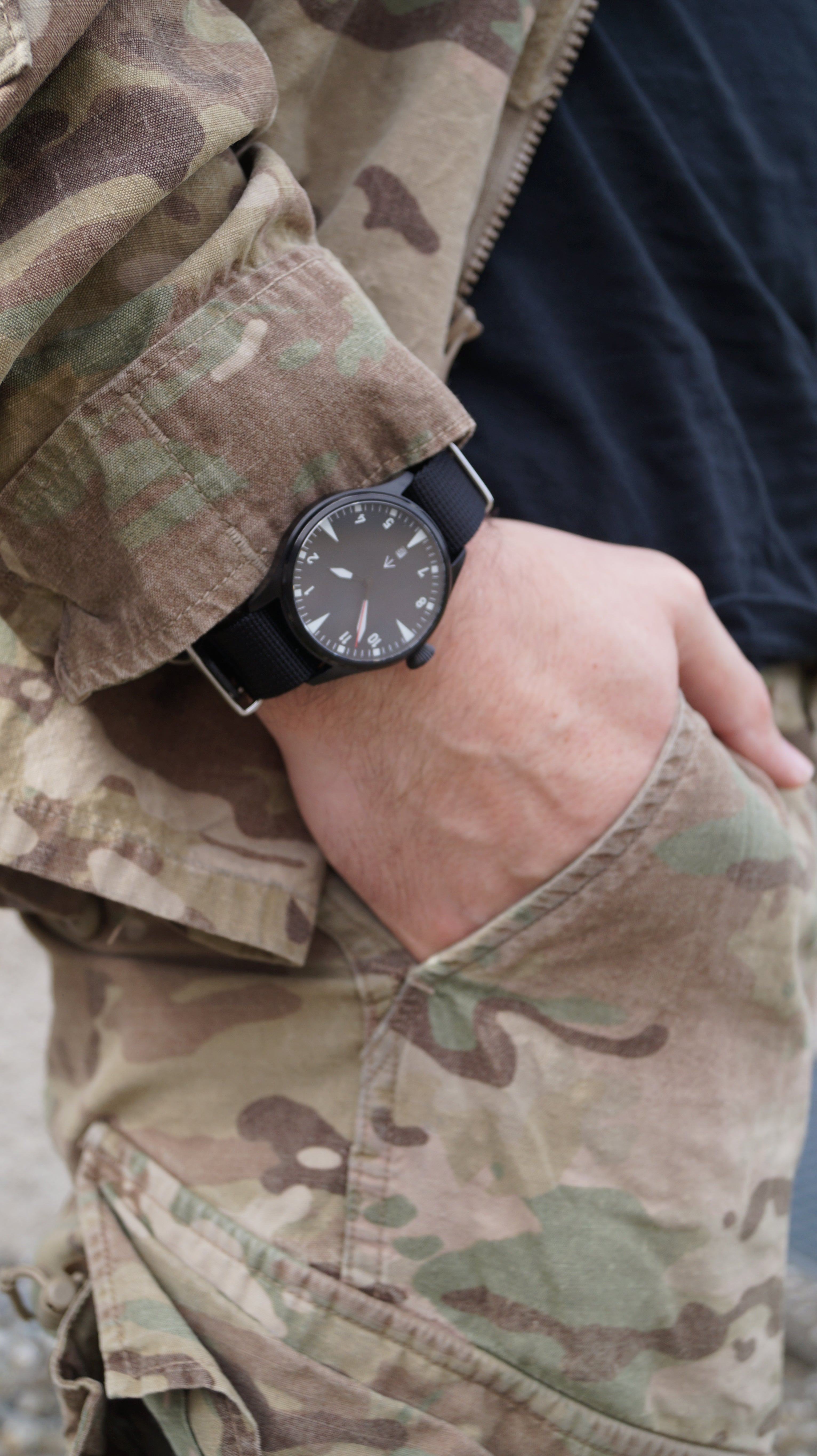 Military watch BLACK "WATCH ONE" by "CS hoch2", classic watch, automatic movement, black PVD coated stainless steel case, 10 ATM, sapphire glass, Nato strap - Patch Snatched