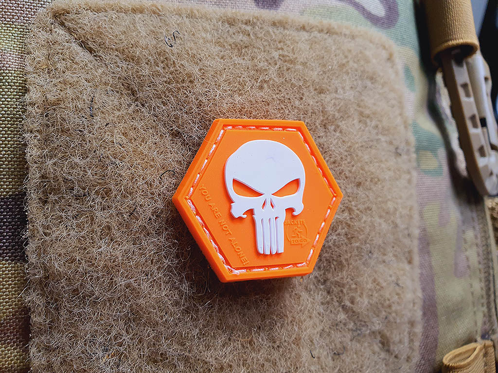 Punisher “YOU ARE NOT ALONE” Patch, orange-white, Hexagon Patch, 3D Rubber Patch - Patch Snatched