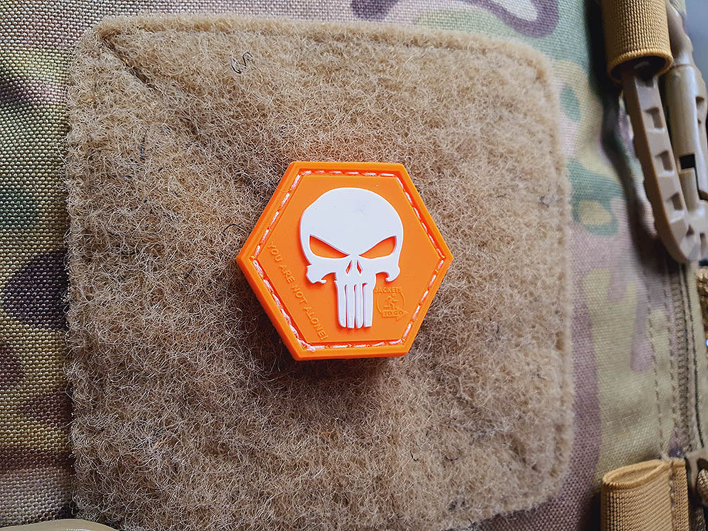 Punisher “YOU ARE NOT ALONE” Patch, orange-white, Hexagon Patch, 3D Rubber Patch - Patch Snatched