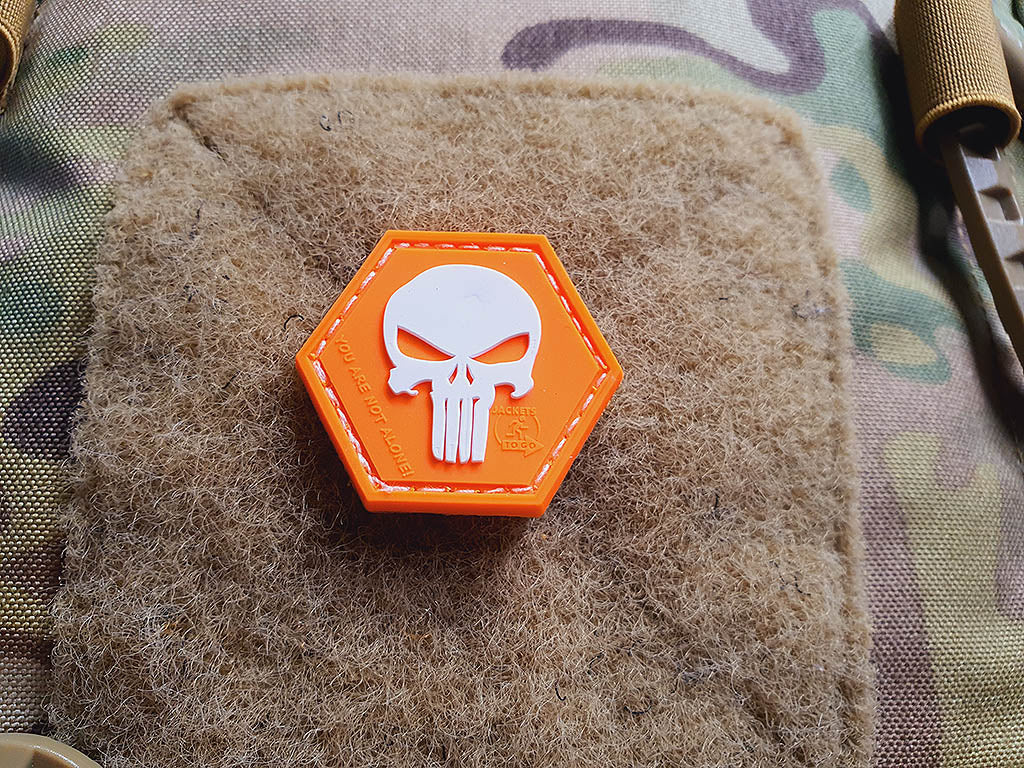 Punisher “YOU ARE NOT ALONE” Patch, orange-white, Hexagon Patch, 3D Rubber Patch - Patch Snatched