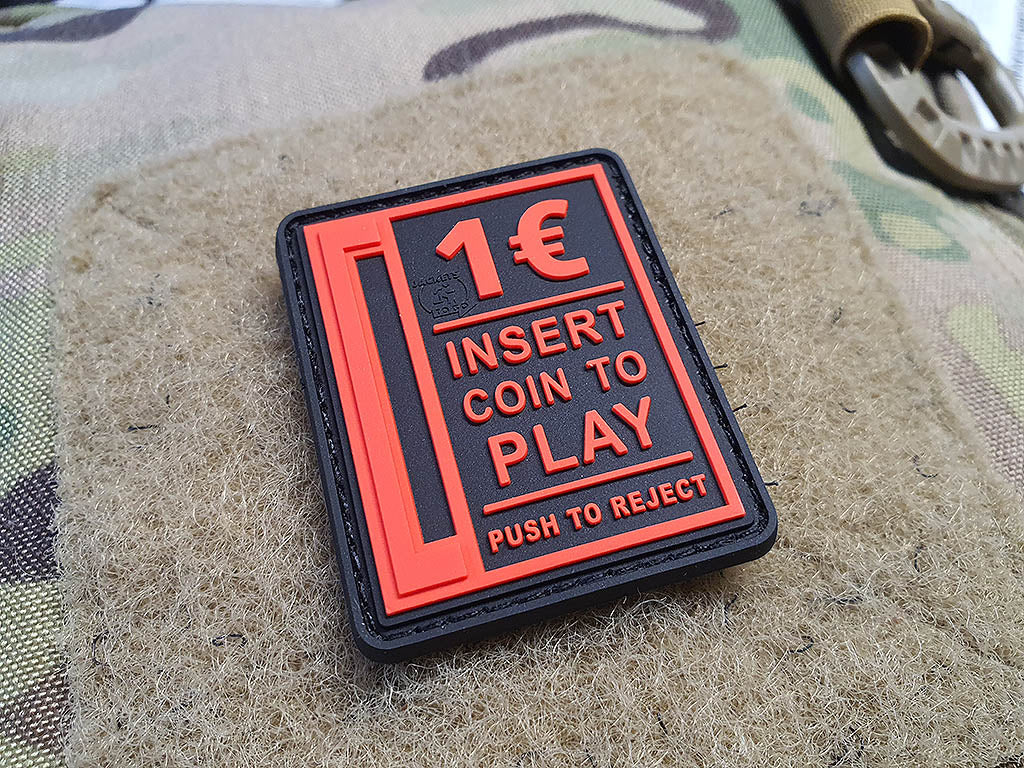 Insert Coin to Play Patch, fire-red on black, 3D Rubber Patch - Patch Snatched