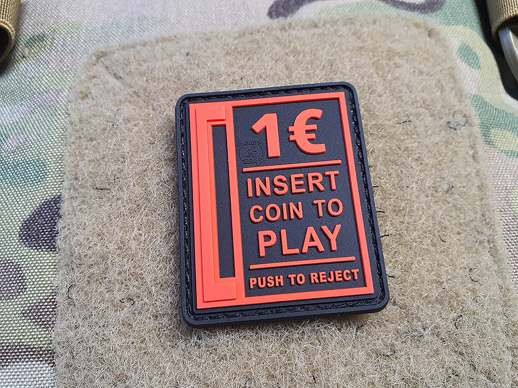 Insert Coin to Play Patch, fire-red on black, 3D Rubber Patch - Patch Snatched