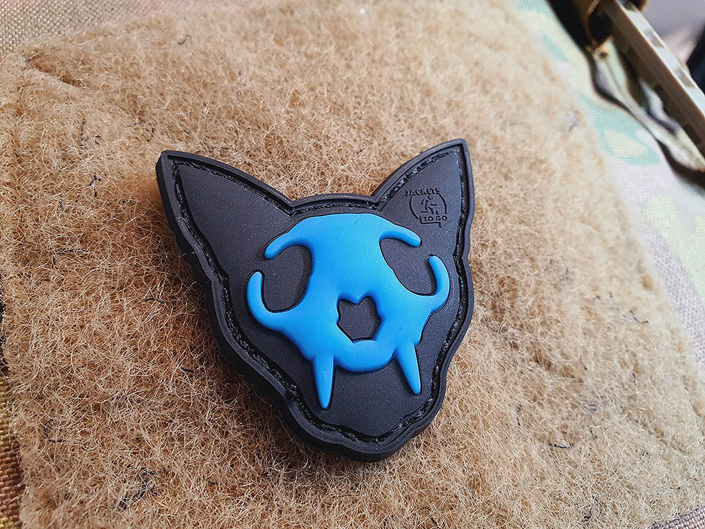 Nightmare Skull Cat Patch small Nr. 1, blue gid (blue glow in the dark) / 3D Rubber Patch
