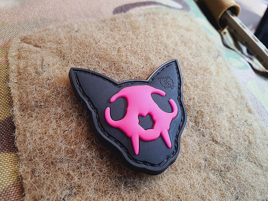 Nightmare Skull Cat Patch small Nr.1, pink gid (pink glow in the dark), 3D Rubber Patch