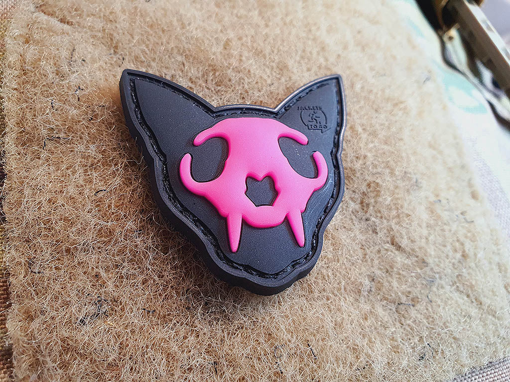 Nightmare Skull Cat Patch small Nr.1, pink gid (pink glow in the dark), 3D Rubber Patch