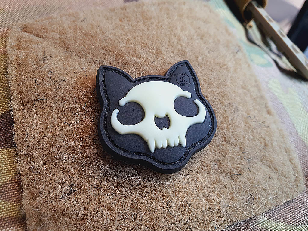 Nightmare Skull Cat Patch small Nr.2, gid (glow in the dark), 3D Rubber Patch