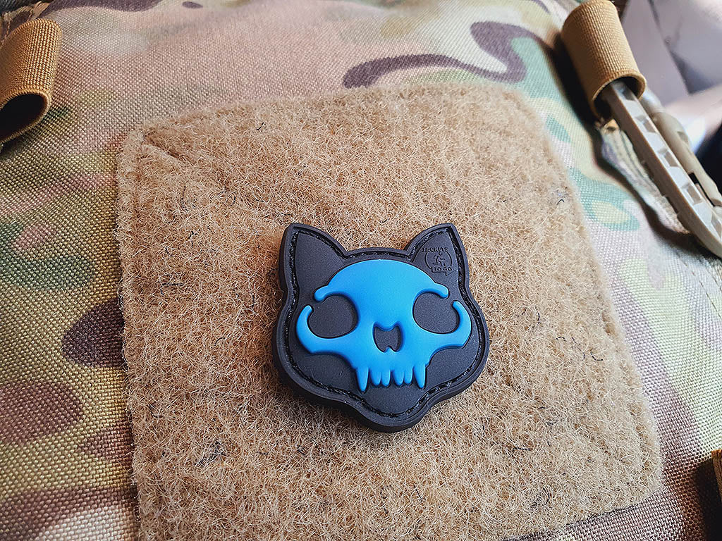 Nightmare Skull Cat Patch small Nr. 2, blue gid (glow in the dark) / 3D Rubber Patch