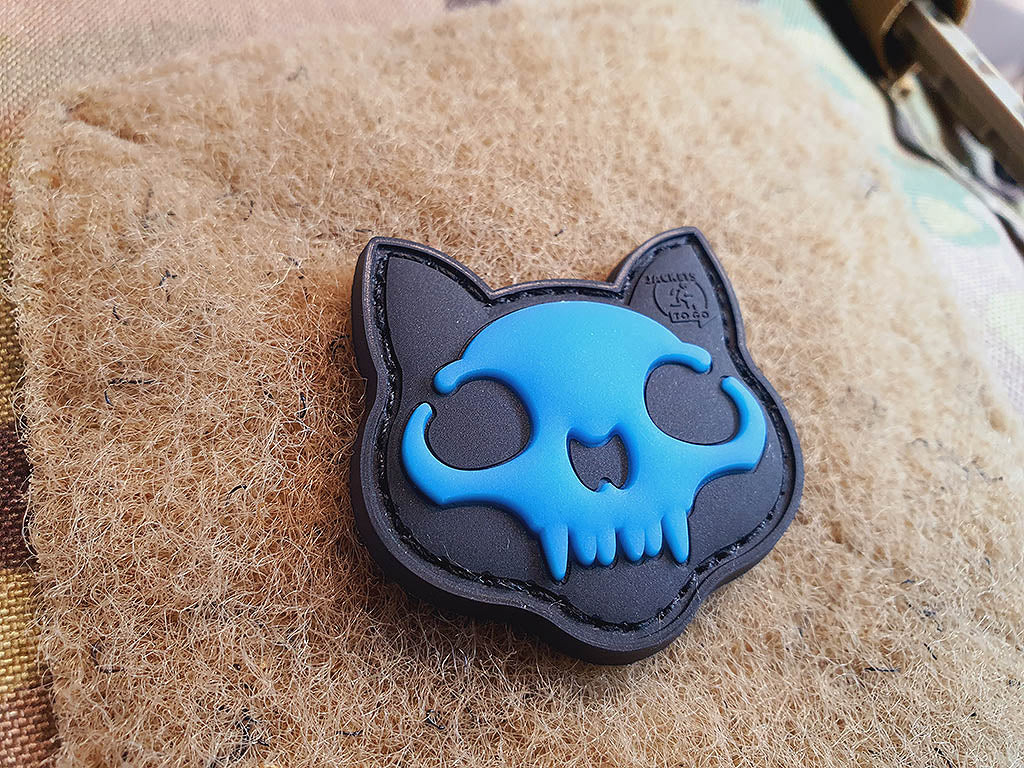 Nightmare Skull Cat Patch small Nr. 2, blue gid (glow in the dark) / 3D Rubber Patch