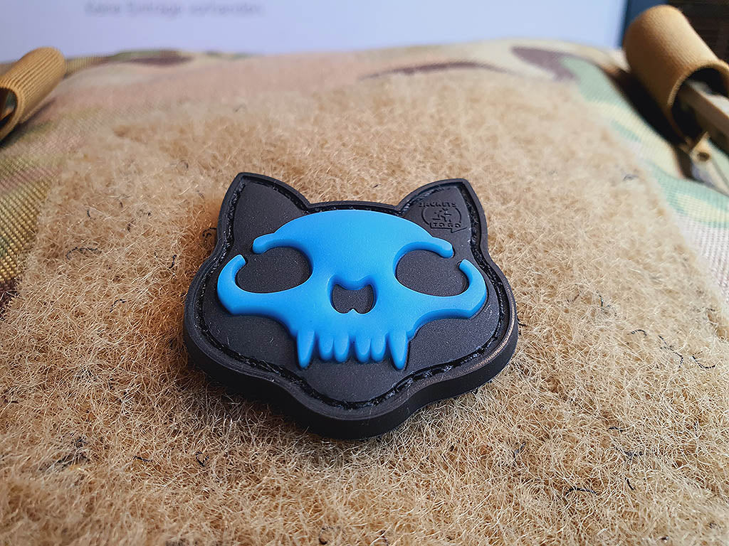 Nightmare Skull Cat Patch small Nr. 2, blue gid (glow in the dark) / 3D Rubber Patch