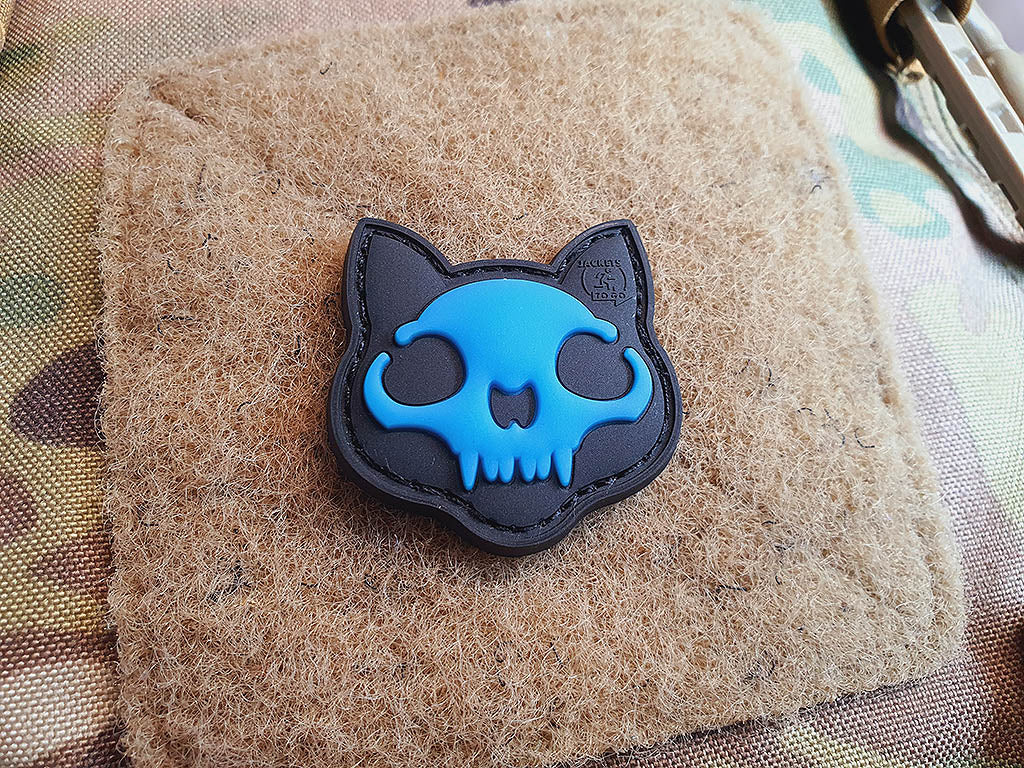 Nightmare Skull Cat Patch small Nr. 2, blue gid (glow in the dark) / 3D Rubber Patch