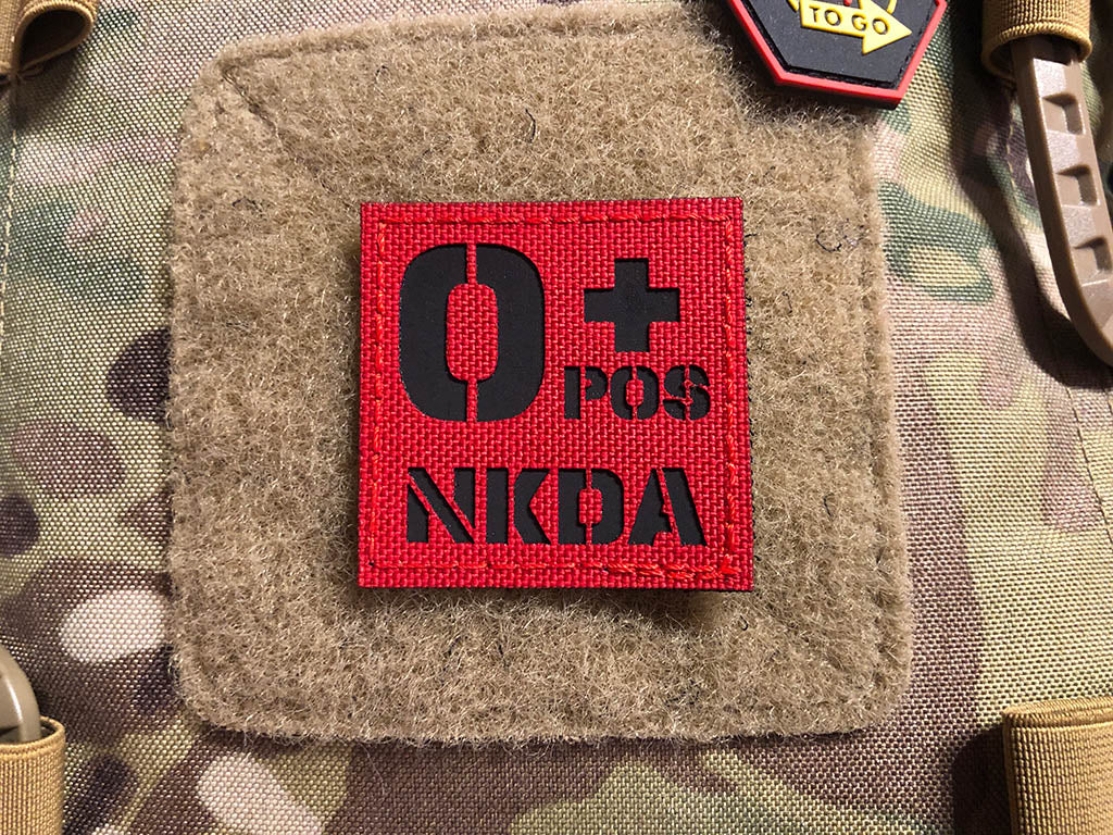 Blood groups 0 pos NKDA, laser cut patch, signal red black, with Velcro backing - Patch Snatched