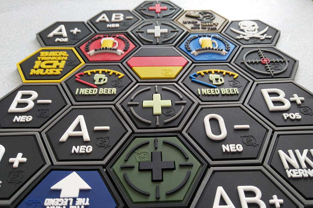 Blutgruppen Patch 0 Pos, Hexagon Patch, swat / 3D Rubber Patch, HexPatch