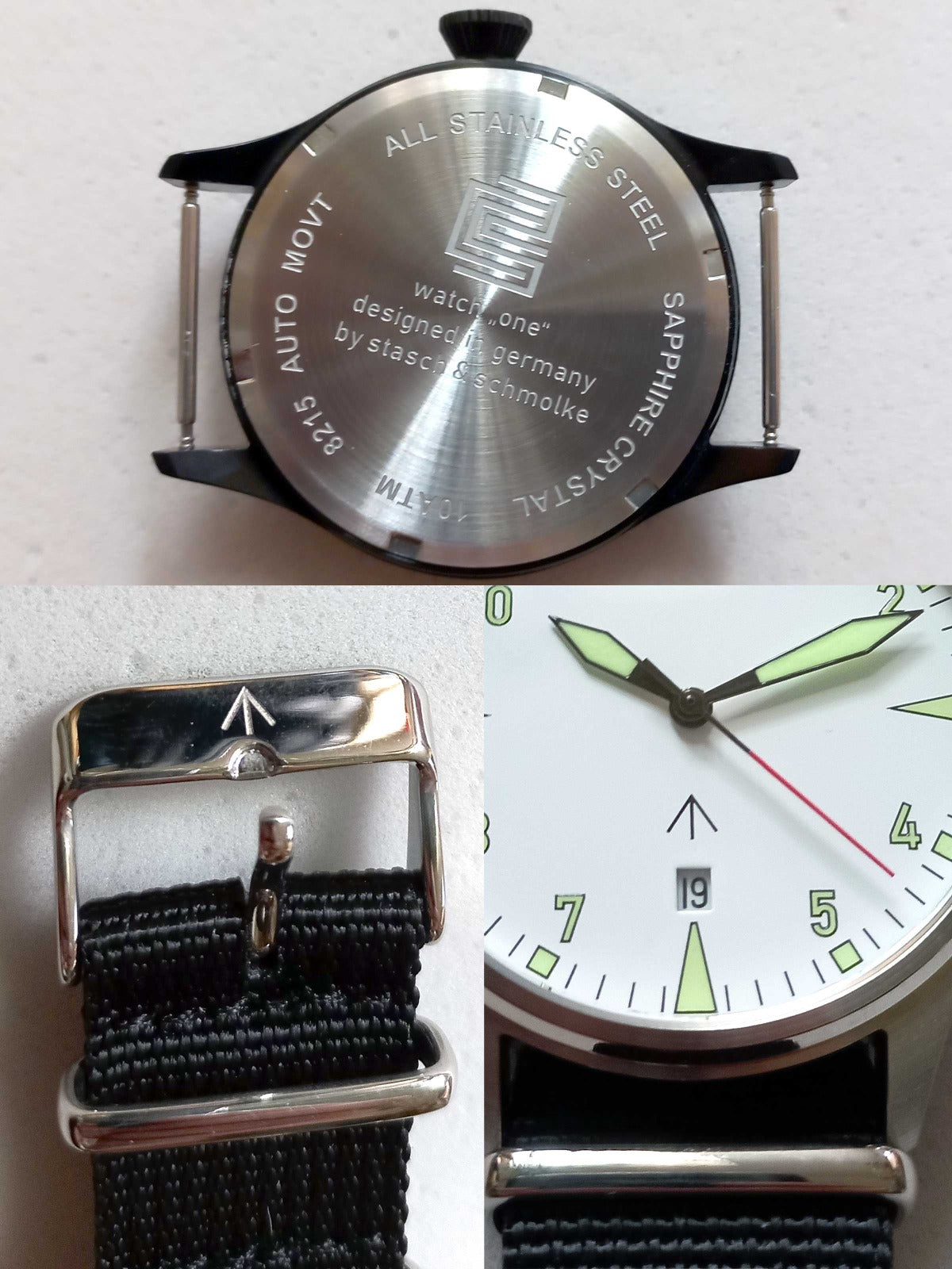 Montre militaire BLANCHE "WATCH ONE" de "CS hoch2", montre classique, mouvement automatique, boîtier en acier inoxydable, 10 ATM, verre saphir, bracelet NATO