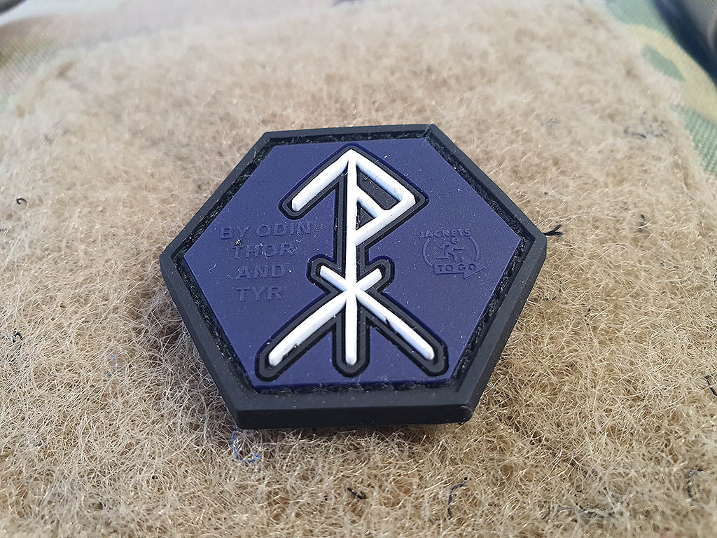 Schutzrunen Patch, Protected by Odin, Thor, Tyr, Hexagon Patch, 3D Rubber Patch