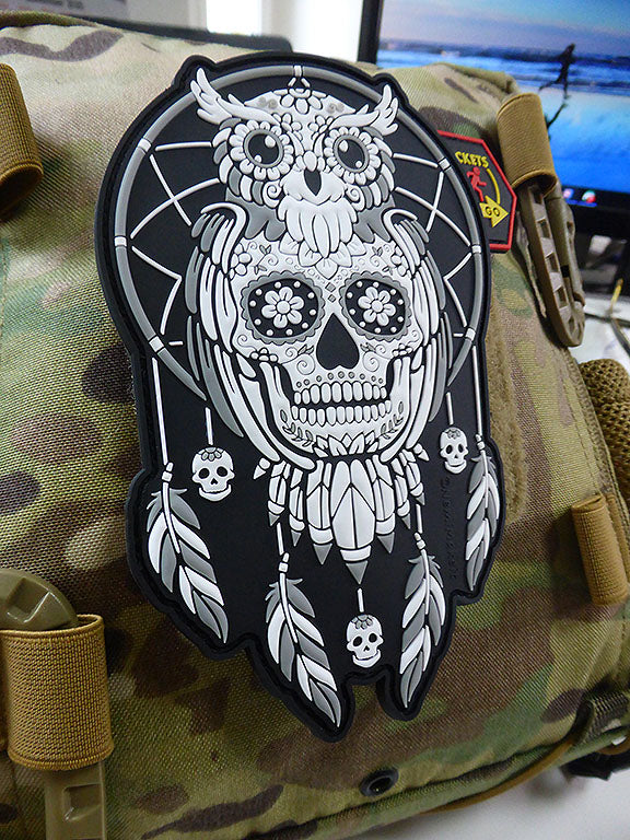 Calavera Owl Dreamcatcher, Traumfänger Patch, nightwhite / 3D Rubber Patch