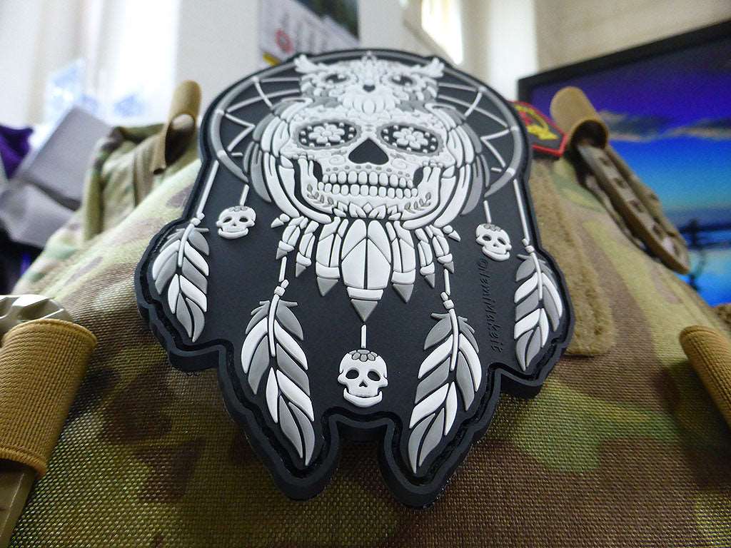 Calavera Owl Dreamcatcher, Traumfänger Patch, nightwhite / 3D Rubber Patch