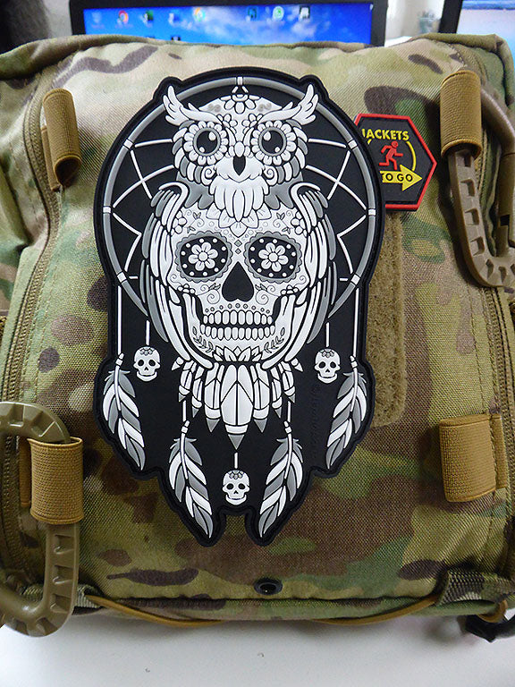 Calavera Owl Dreamcatcher, Traumfänger Patch, nightwhite / 3D Rubber Patch