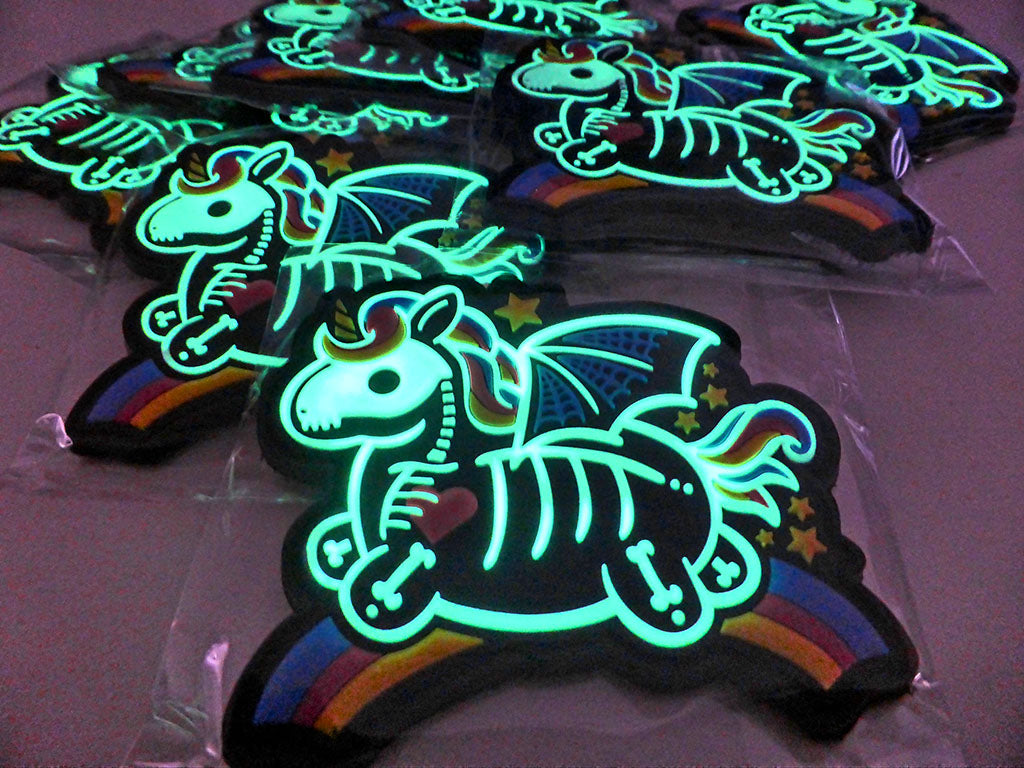 Patch licorne squelette, gid lueur dans le noir, patch en caoutchouc 3D