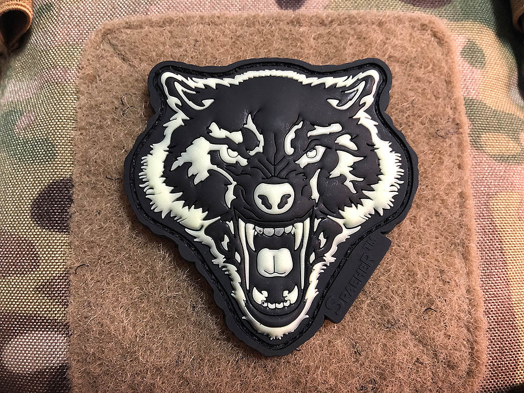 Angry Wolf Head Patch, gid / 3D Rubber Patch