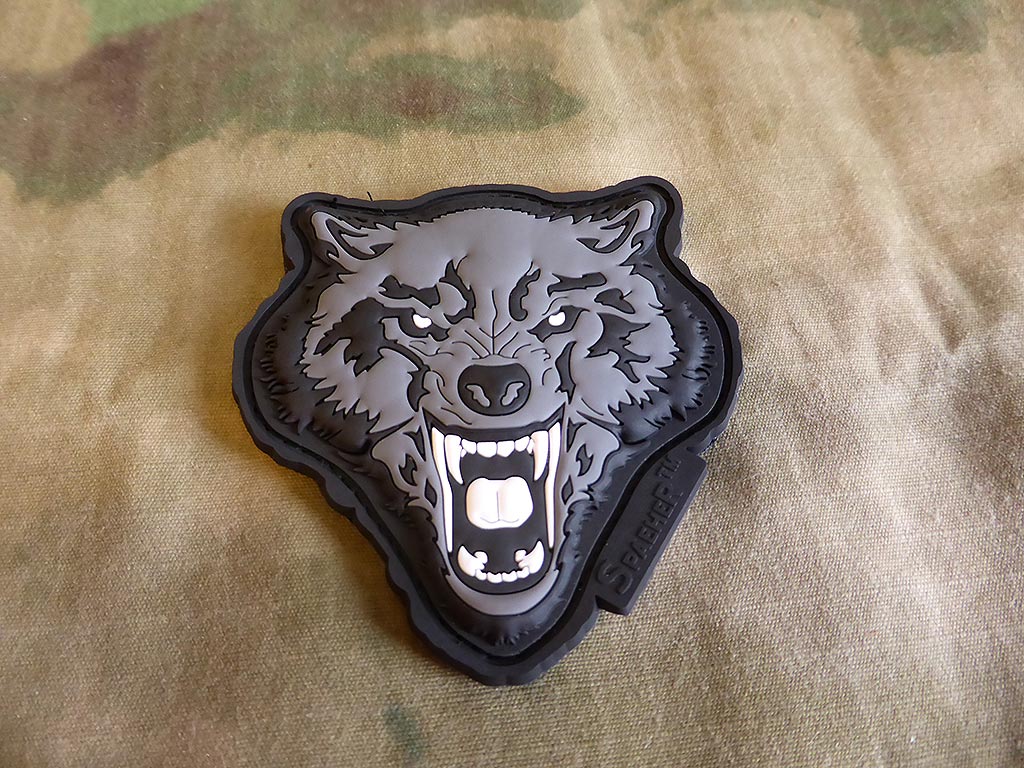 Angry Wolf Head Patch, grau / 3D Rubber Patch