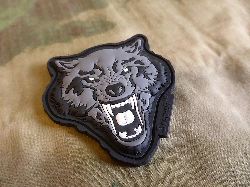 Angry Wolf Head Patch, grau / 3D Rubber Patch