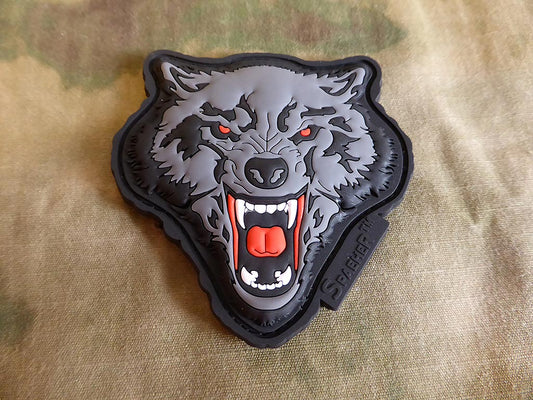 Angry Wolf Head Patch, rot-grau, 3D Rubber Patch