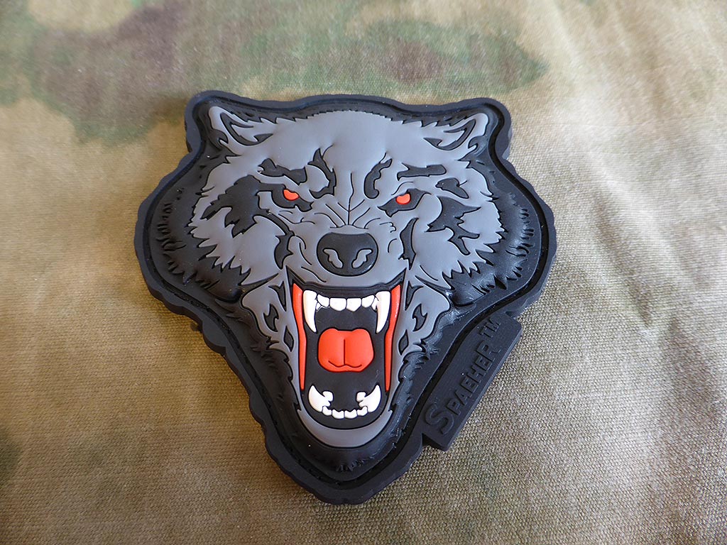 JTG Angry Wolf Head Patch, rot-grau, JTG 3D Rubber Patch