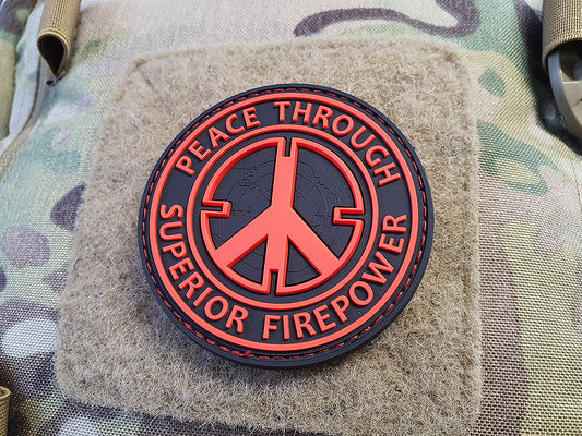 Peace Patch, „PEACE THROUGH SUPERIOR FIREPOWER“, feuerrot, 3D Rubber Patch