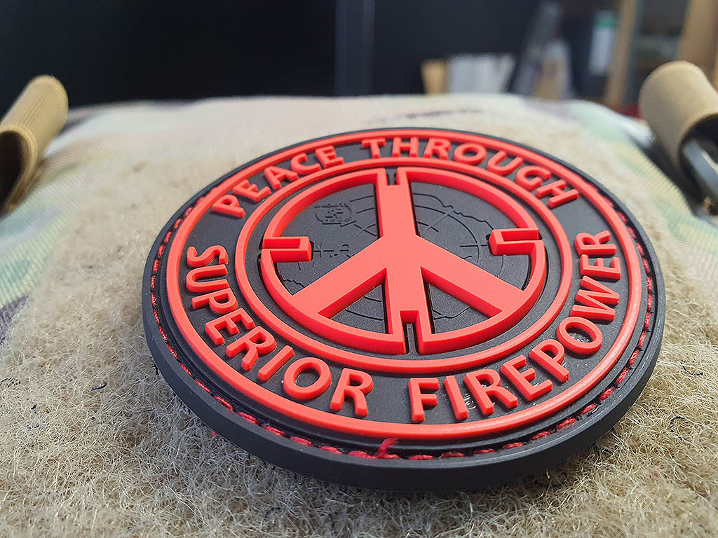 Peace Patch, "PEACE THROUGH SUPERIOR FIREPOWER", fire-red, 3D Rubber Patch