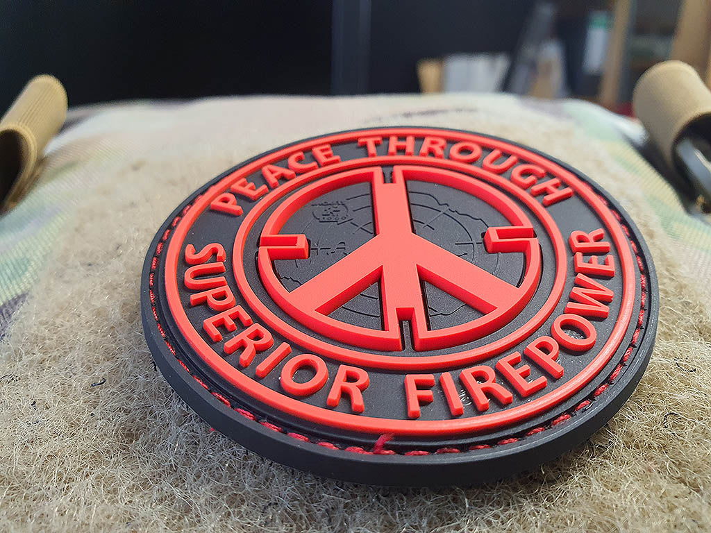 Peace Patch, "PEACE THROUGH SUPERIOR FIREPOWER", fire-red, 3D Rubber Patch - Patch Snatched