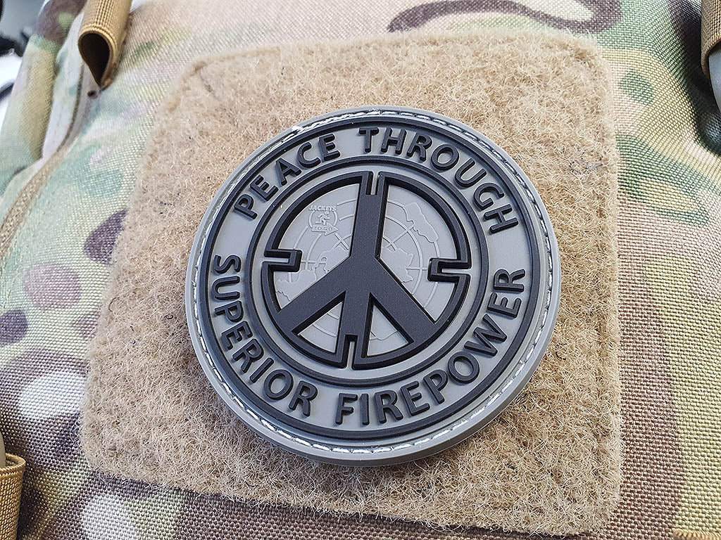 Peace Patch, "PEACE THROUGH SUPERIOR FIREPOWER", steingrau oliv, 3D Rubber Patch