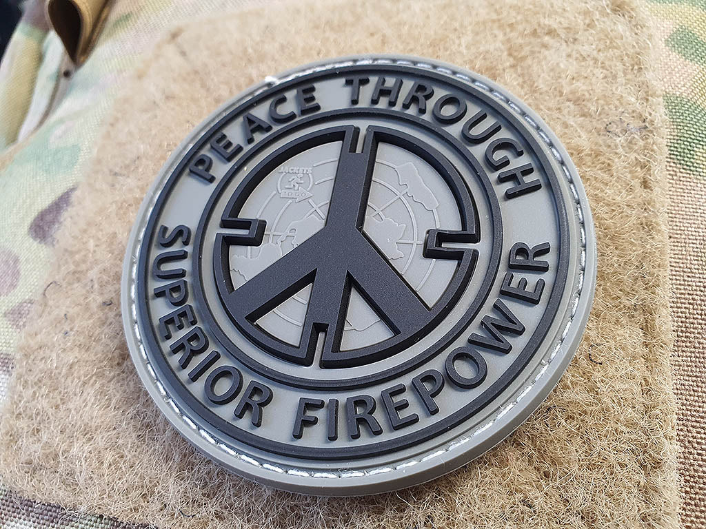 Peace Patch, "PEACE THROUGH SUPERIOR FIREPOWER", steingrau oliv, 3D Rubber Patch