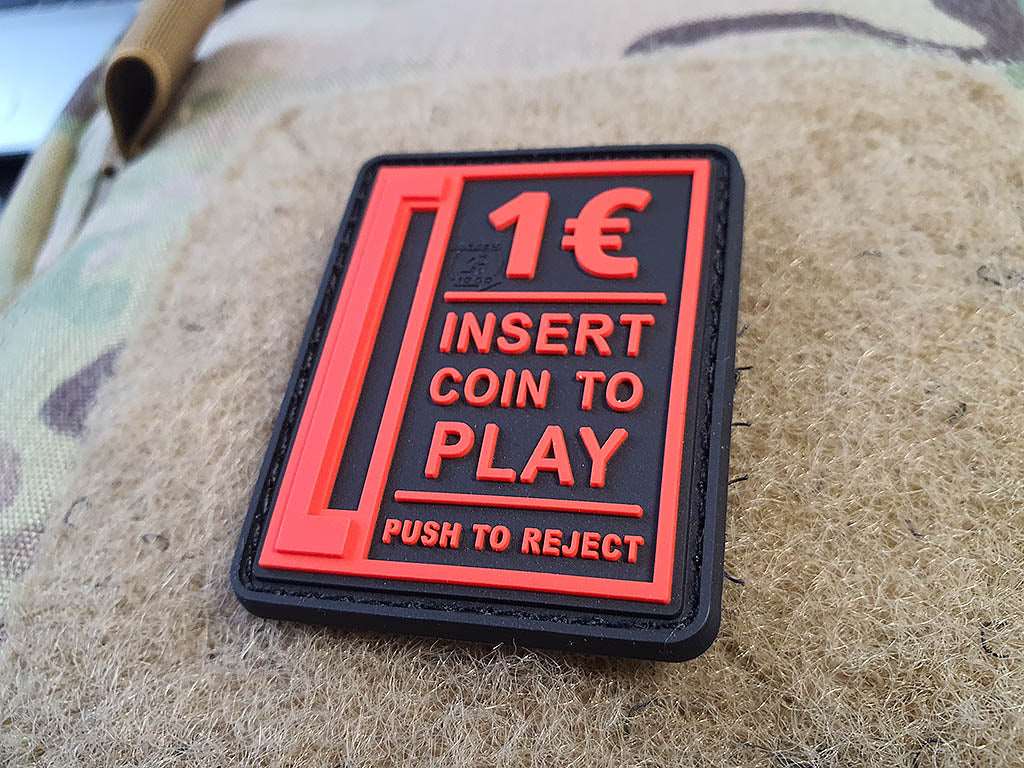 Insert Coin to Play Patch, fire-red on black, 3D Rubber Patch