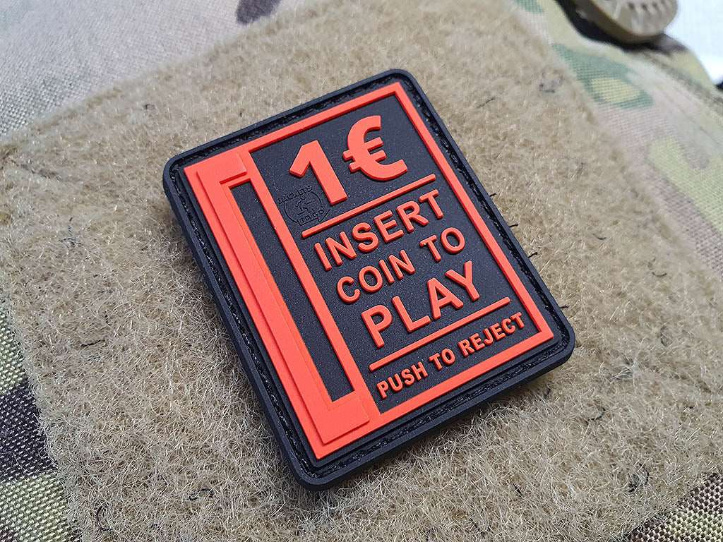 Insert Coin to Play Patch, fire-red on black, 3D Rubber Patch