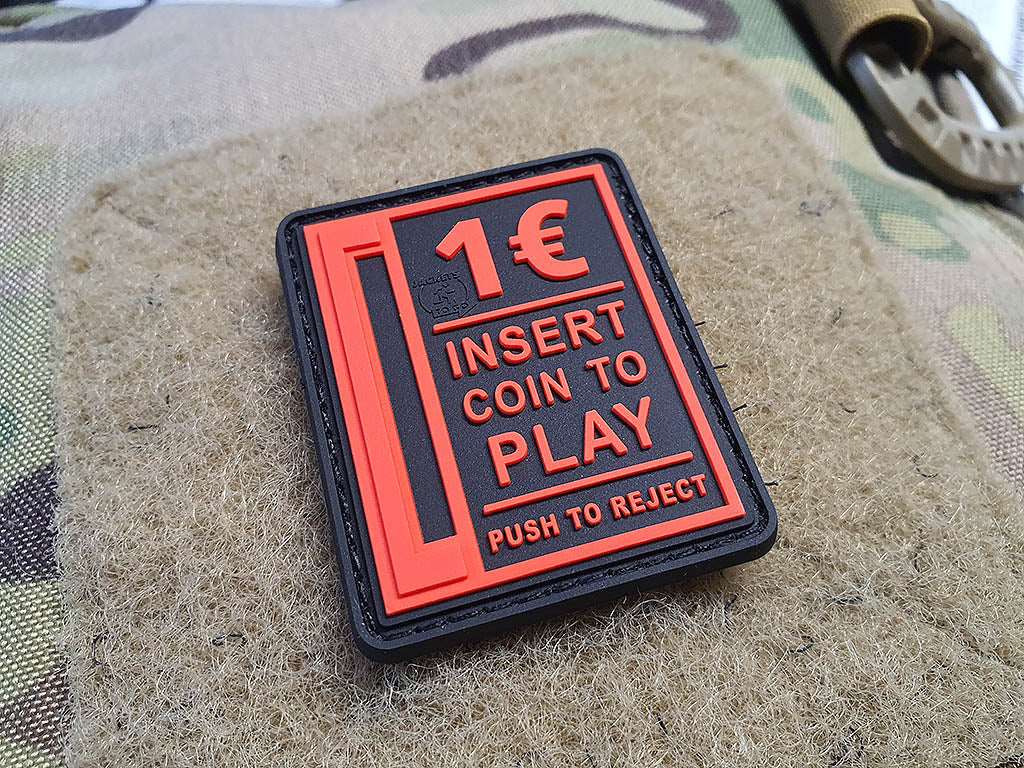 Insert Coin to Play Patch, fire-red on black, 3D Rubber Patch