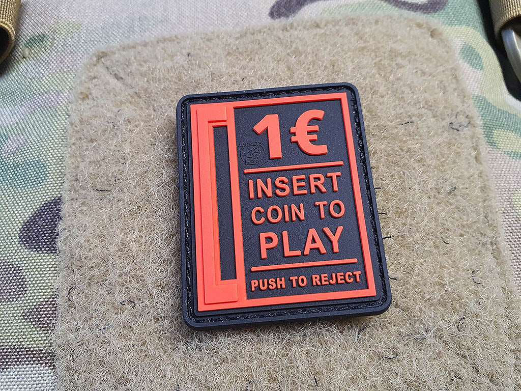 Insert Coin to Play Patch, fire-red on black, 3D Rubber Patch