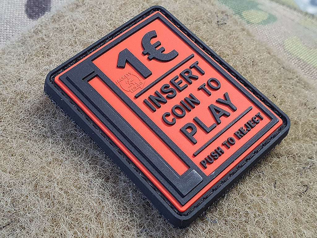 Insert Coin to Play Patch, black on fire-red, 3D Rubber Patch