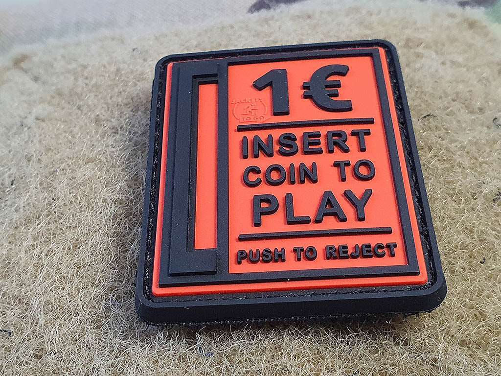 Insert Coin to Play Patch, black on fire-red, 3D Rubber Patch