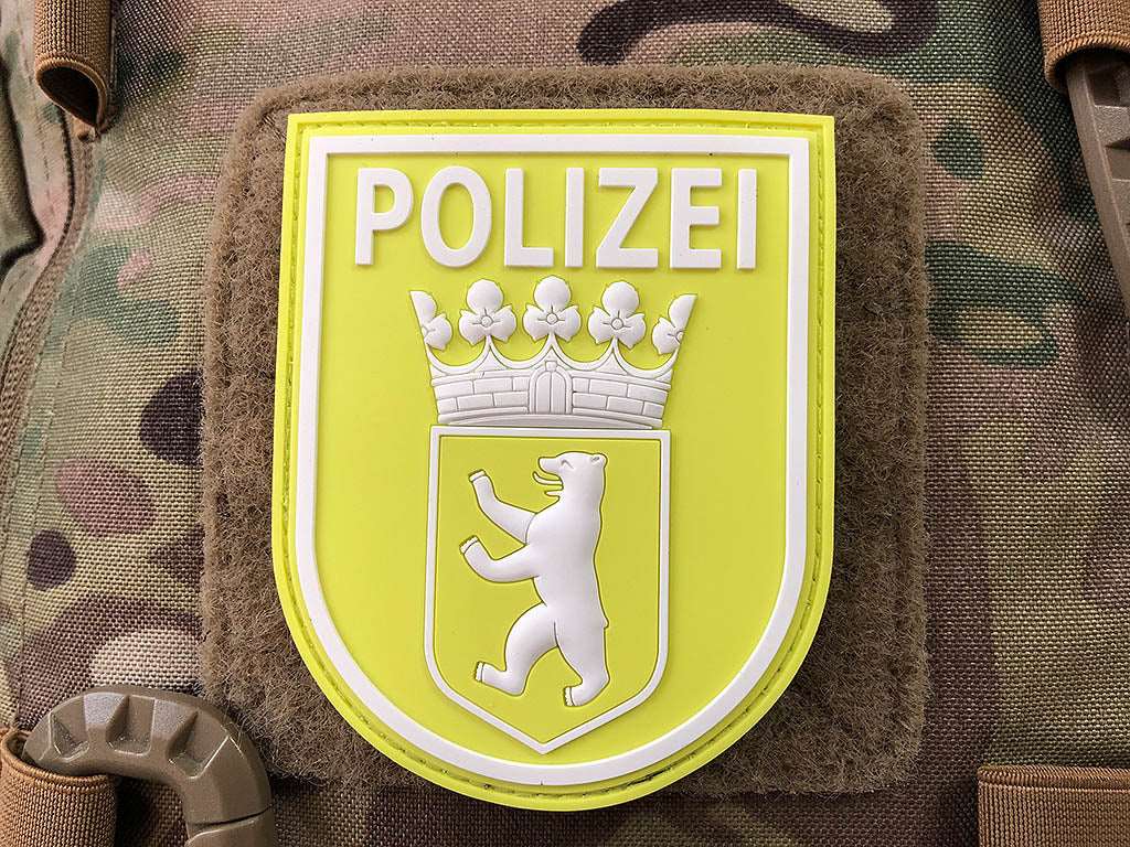 Ärmelabzeichen Polizei Berlin Patch, signalgelb / weiss nachleuchtend / 3D Rubber patch