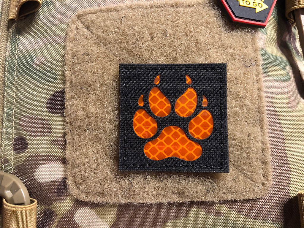 K9 Claw Lasercutpatch, schwarz, orange reflektierendes Logo, mit Klettrückseite - Patch Snatched