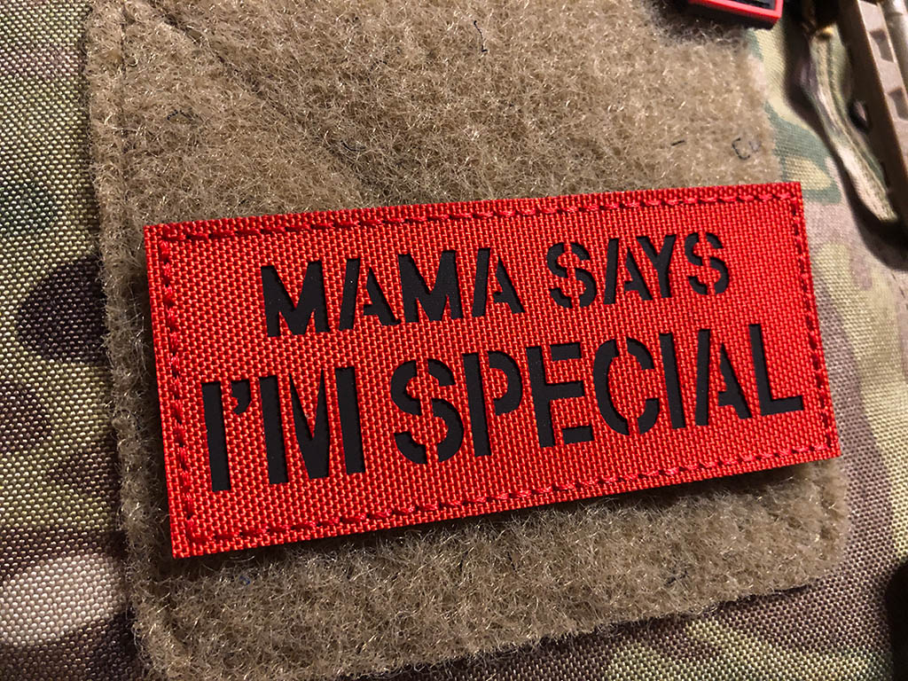 MAMA SAYS I AM SPECIAL laser cut patch, signal red black, with Velcro backing - Patch Snatched