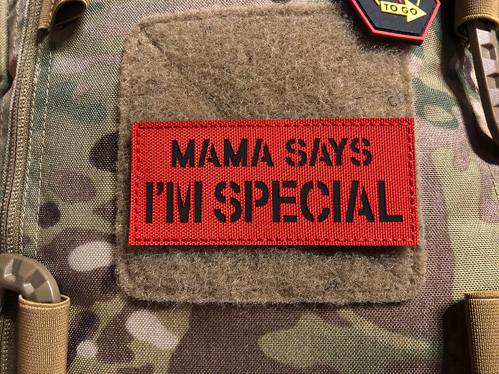 MAMA SAYS I AM SPECIAL laser cut patch, signal red black, with Velcro backing