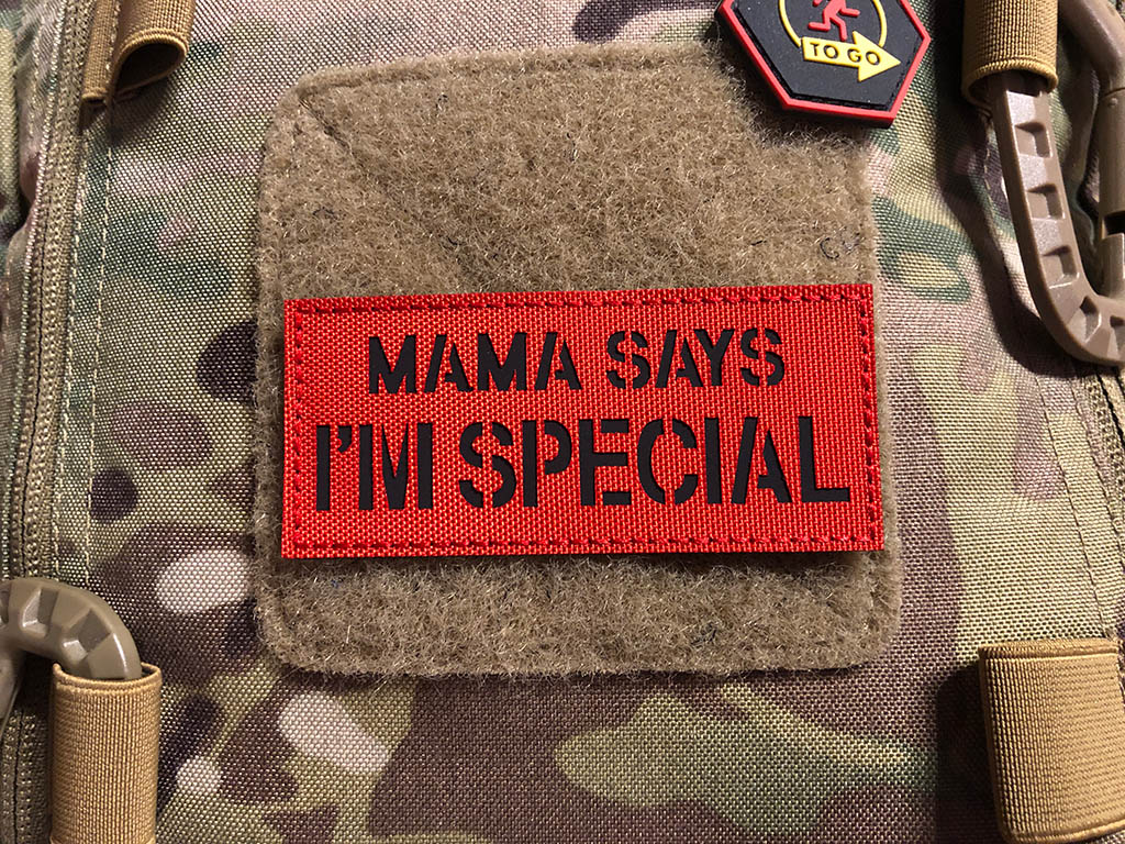 MAMA SAYS I AM SPECIAL laser cut patch, signal red black, with Velcro backing