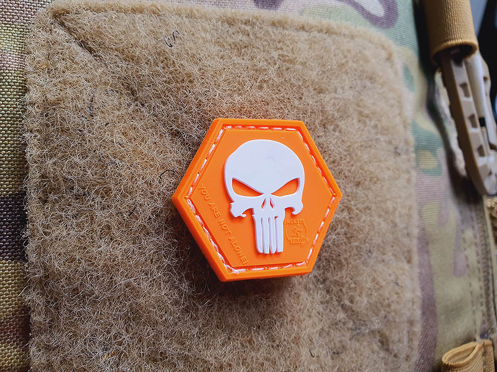 Punisher “YOU ARE NOT ALONE” Patch, orange-white, Hexagon Patch, 3D Rubber Patch