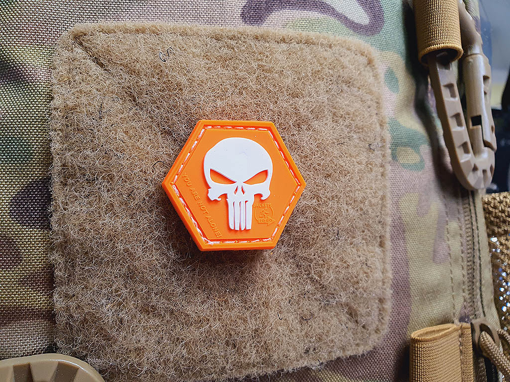 Punisher “YOU ARE NOT ALONE” Patch, orange-white, Hexagon Patch, 3D Rubber Patch