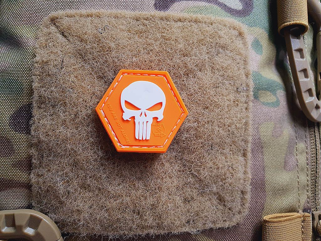Punisher “YOU ARE NOT ALONE” Patch, orange-white, Hexagon Patch, 3D Rubber Patch